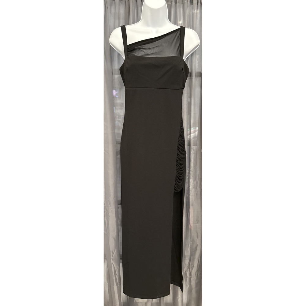 Selfie Leslie Lylah Black Asymmetric Mesh Maxi Dress Ruched Slit Medium M 10